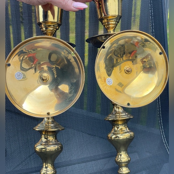 Vintage Pair of Solid Brass Shiny Wall Candle Sconces Hollywood Regency India - Picture 3 of 14